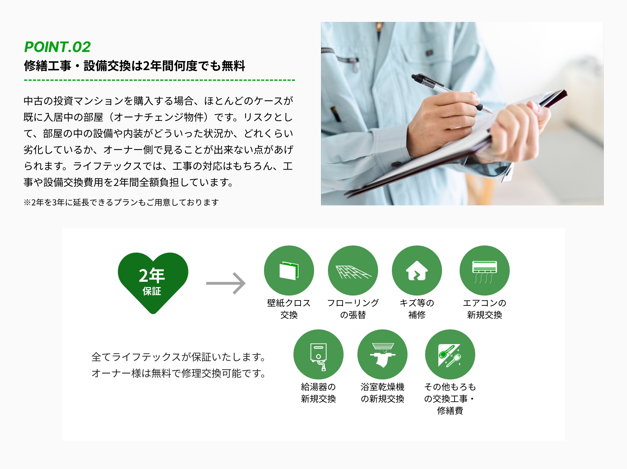 修繕工事・設備交換は2年間何度でも無料